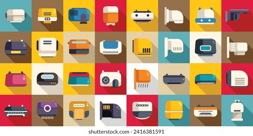 Hand dryer icons set flat vector. Washroom toilet. Bathroom machine box