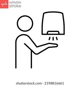 Hand dryer instruction, man, people, outline style. Automated touchless drying hands. Hand washing procedure. editable stroke. pictogram logo. vector illustration design on white background. EPS 10