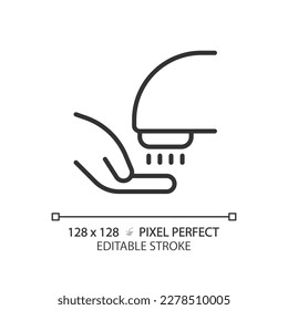 Hand dryer pixel perfect linear icon. Contactless technology for public toilet. Hot air blowing in restroom. Thin line illustration. Contour symbol. Vector outline drawing. Editable stroke