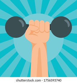 Hand dumbbell banner. Flat illustration of hand dumbbell vector banner for web design