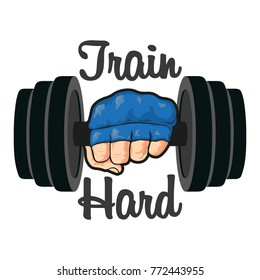 Hand with dumbbell. Gym, fitness, sport label. Train hard,