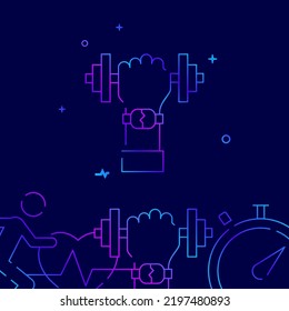 Hand with dumbbell, gym gradient line vector icon, simple illustration on a dark blue background, fitness related bottom border.