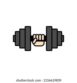 Hand and dumbbell icon. Isolated outline colored vector illustration on white background.