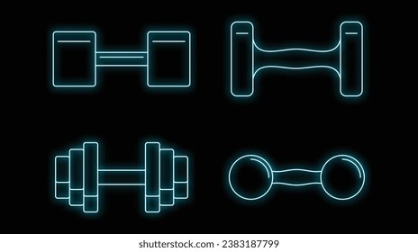 Juego de iconos de dobladillo de mano. Contorno conjunto de iconos vectoriales de dumbbell de mano color de neón en negro