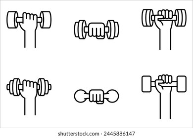 Mano con juego de iconos lineales de mancuernas. Vector de línea fina aislado sobre fondo blanco