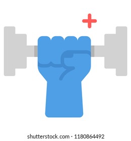 Hand with dumbbell and plus icon vector illustration in flat color design