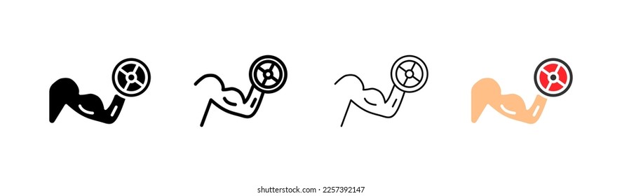 Hand with dumbbell set icon. Physical exercise, muscles, biceps, sports, rocking chair, gym, fitness classes, trainer, strength. Vector icon in line, black and colorful style on white background