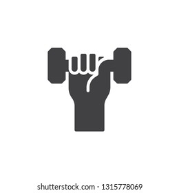 Hand with dumbbell vector icon. filled flat sign for mobile concept and web design. Hand holding gym barbell simple glyph icon. Fitness and workout symbol, logo illustration. Pixel perfect vector 