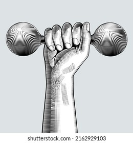 Hand with dumbbell. Vintage stylized drawing. Vector illustration