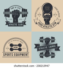 Hand with dumbbells. Logos for sport athletic club. Coat of Arms for the gym or equipment  shop. In old school style . 