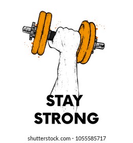 Hand with dumbbells. Sport, strength and health. Vector illustration for a postcard or a poster, print for clothes.