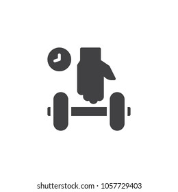 Hand with dumbbells vector icon. filled flat sign for mobile concept and web design. Workout time simple solid icon. Symbol, logo illustration. Pixel perfect vector graphics