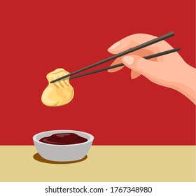 Hand dumpling with chopstick to sauce.traditional chinese food symbol in cartoon illustration vector