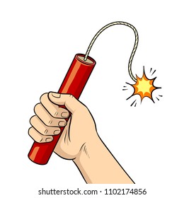 Hand with dynamite bomb pop art retro vector illustration. Isolated image on white background. Comic book style imitation.