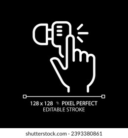 Hand with earphone pixel perfect white linear icon for dark theme. Finger tapping key on audio device. Music listening. Thin line illustration. Isolated symbol for night mode. Editable stroke