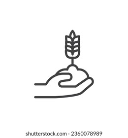 Hand with ears of wheat line icon. linear style sign for mobile concept and web design. Wheat sprout in hand outline vector icon. Agriculture symbol, logo illustration. Vector graphics