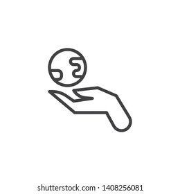 Hand with earth globe line icon. linear style sign for mobile concept and web design. Save earth planet outline vector icon. Ecology and environment symbol, logo illustration. Vector graphics