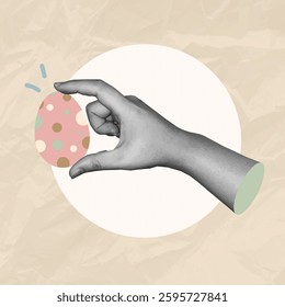 Hand with Easter egg, decorating egg, celebrating Easter. Minimalistic y2k trendy vector vertical 
