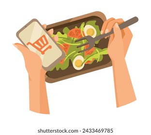 Hand Eat Salad Use Food Delivery Service App Vector Illustration