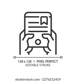 Hand with ebook pixel perfect linear icon. Reading via electronic device. Access to digital library. Thin line illustration. Contour symbol. Vector outline drawing. Editable stroke