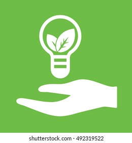 hand eco bolb bio leaf plant white simple icon on green background