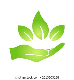 Hand with eco green leaf icon Bio nature green eco symbol for web and business