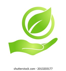 Hand with eco green leaf icon Bio nature green eco symbol for web and business
