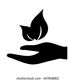 hand with eco leaves icon simple black on white background