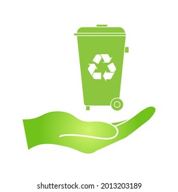 Hand with eco recycle sign on trashcan Caution Special disposal required