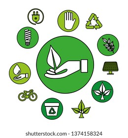 hand with ecology leafs and icons