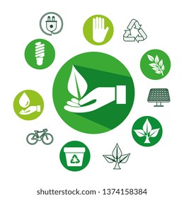 hand with ecology leafs and icons