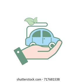 hand with ecologycal car with leaves to environment care
