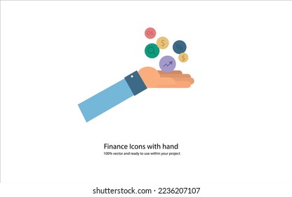 Hand with economy icons full vector design, colorful economy symbols, investment, fund, saving, and payment illustration