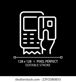Hand with EDC device pixel perfect white linear icon for dark theme. POS terminal for payment with credit cards. Thin line illustration. Isolated symbol for night mode. Editable stroke