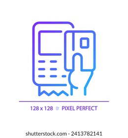 Hand with EDC device pixel perfect gradient linear vector icon. POS terminal for payment with credit cards. Thin line color symbol. Modern style pictogram. Vector isolated outline drawing