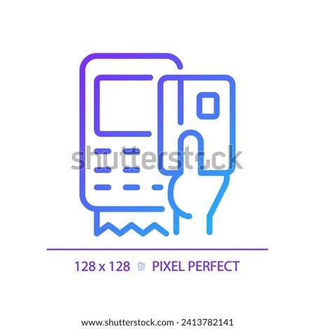 Hand with EDC device pixel perfect gradient linear vector icon. POS terminal for payment with credit cards. Thin line color symbol. Modern style pictogram. Vector isolated outline drawing