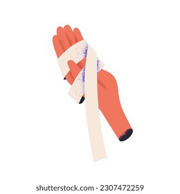 Mano con venda elástica alrededor. Palma herida rota y herida. Herida, trauma, esguince, dolor en el brazo, dolor después de accidente. Ilustración vectorial plana aislada en fondo blanco