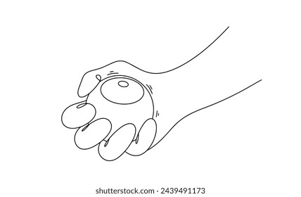 La mano de un anciano sostiene una máquina de ejercicios en su mano. Bola vibratoria para la corrección de los trastornos del movimiento en la enfermedad de Parkinson. Día Mundial del Parkinson. Ilustración vectorial.