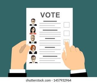 Hand with election bill. Vote document with faces. Vector illustration in flat style