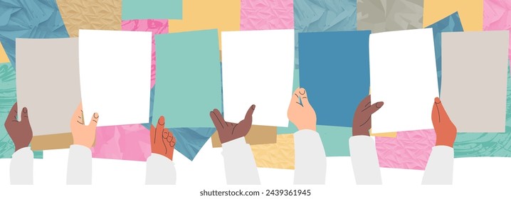 Hand with election vote ballot vector paper collage illustration. Voter community, democracy campaign, culture communicate, equal voice, referendum, citizen bulletin. Diverse people exchange idea