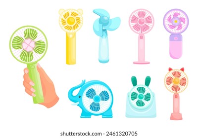 Hand electric fan. Handheld fans on electrical battery, hands holding small compact portable blower for ventilate cool air in summer travel, vector illustration of fan wind air, electric appliance