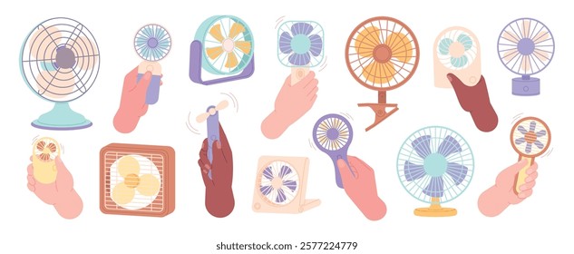 Hand electric fans. Indoor climate control equipments. Mobile plastic ventilators in different hands. Personal fan cooler for hot weather, racy vector set