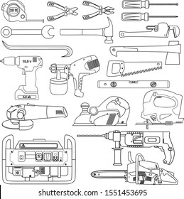 Juego de contorno negro de herramientas eléctricas y manuales.  EPS 10