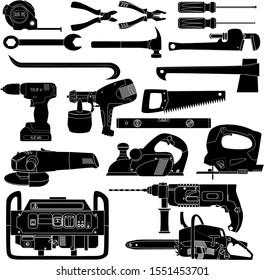 Hand and electric tools black and white set. EPS 10