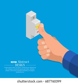 The hand of the electrician turns on the automatic switch of an electric chain. Isometry. 3D style. Vector illustration. Flat design