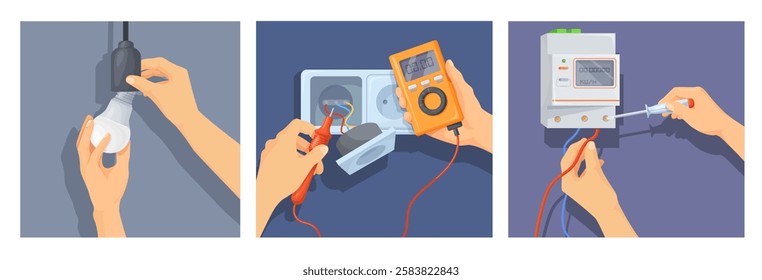 Hand electricity repair. Electrician engineer hands hold electric instrument for lighting wire fix, handyman job professional technician repairman tool, neat vector illustration original artwork