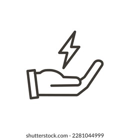 hand and electricity vector thin line outline icon illustration. Image for electricity, saving energy, sustainability, renewable alternative energies, using electricity