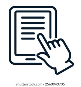 Hand, electronic book. Vector linear icon isolated on white background.