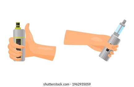 Hand with Electronic Cigarette Simulating Tobacco Smoking Vector Set