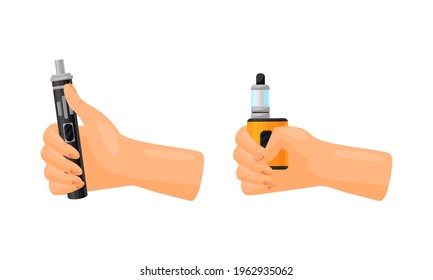 Hand with Electronic Cigarette Simulating Tobacco Smoking Vector Set